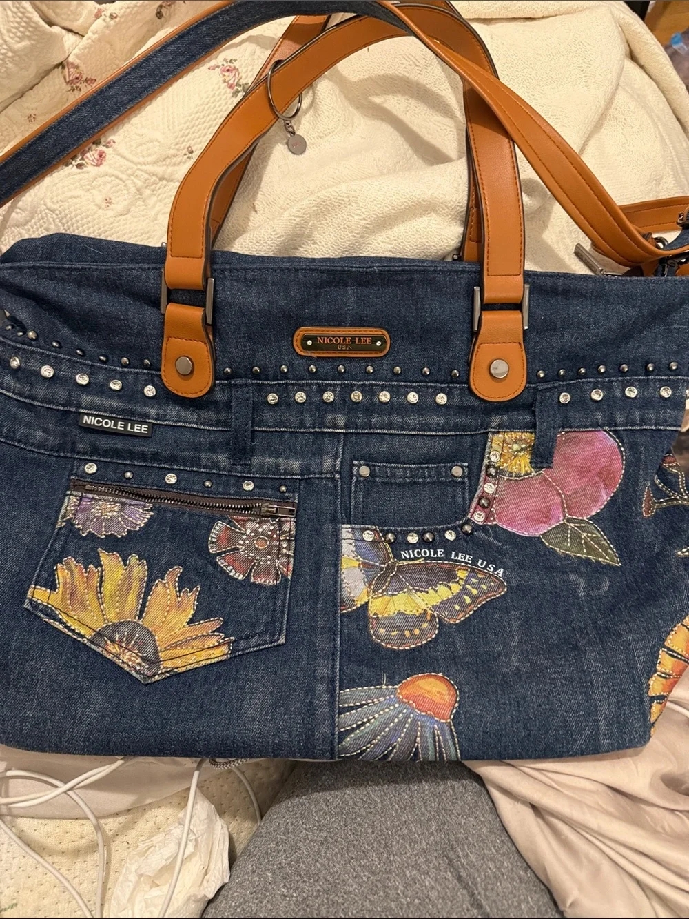 Nicole Lee Blue Denim Tote with Floral & Butterfly Embroidery - Picture 1 of 2